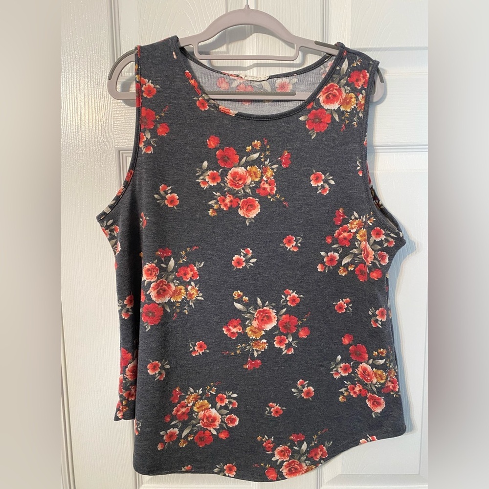 Floral Sleeveless Tank Top - Charcoal and Red XL